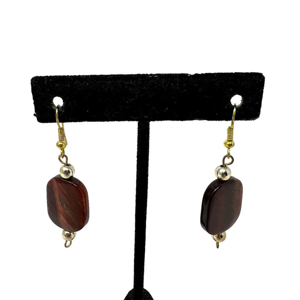 Faux Tiger Eye Drop Earrings Gold Tone‎ Wire Pierced 2 inches